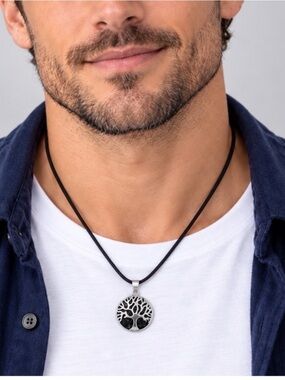 Silver Tone Tree Of Life Necklace Black Veined Round Pendant (N27)